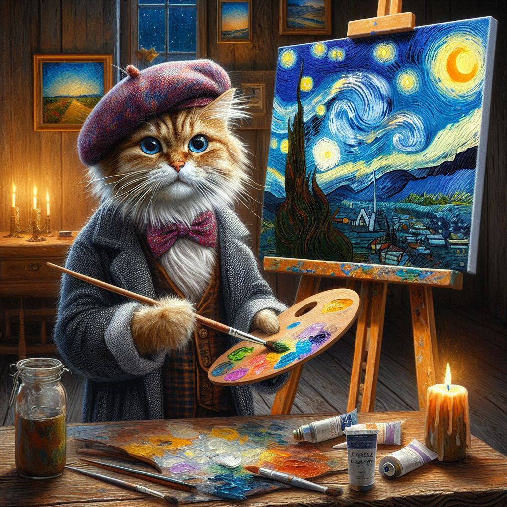 Cat artist in beret and bow tie painting Van Gogh's Starry Night on canvas in candlelit studio