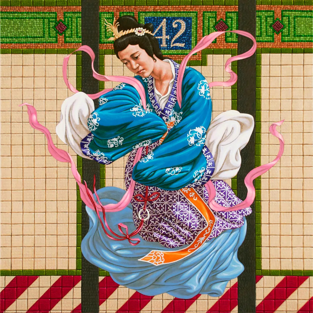 Illustration of a woman in flowing blue traditional dress with pink ribbons and a patterned backdrop