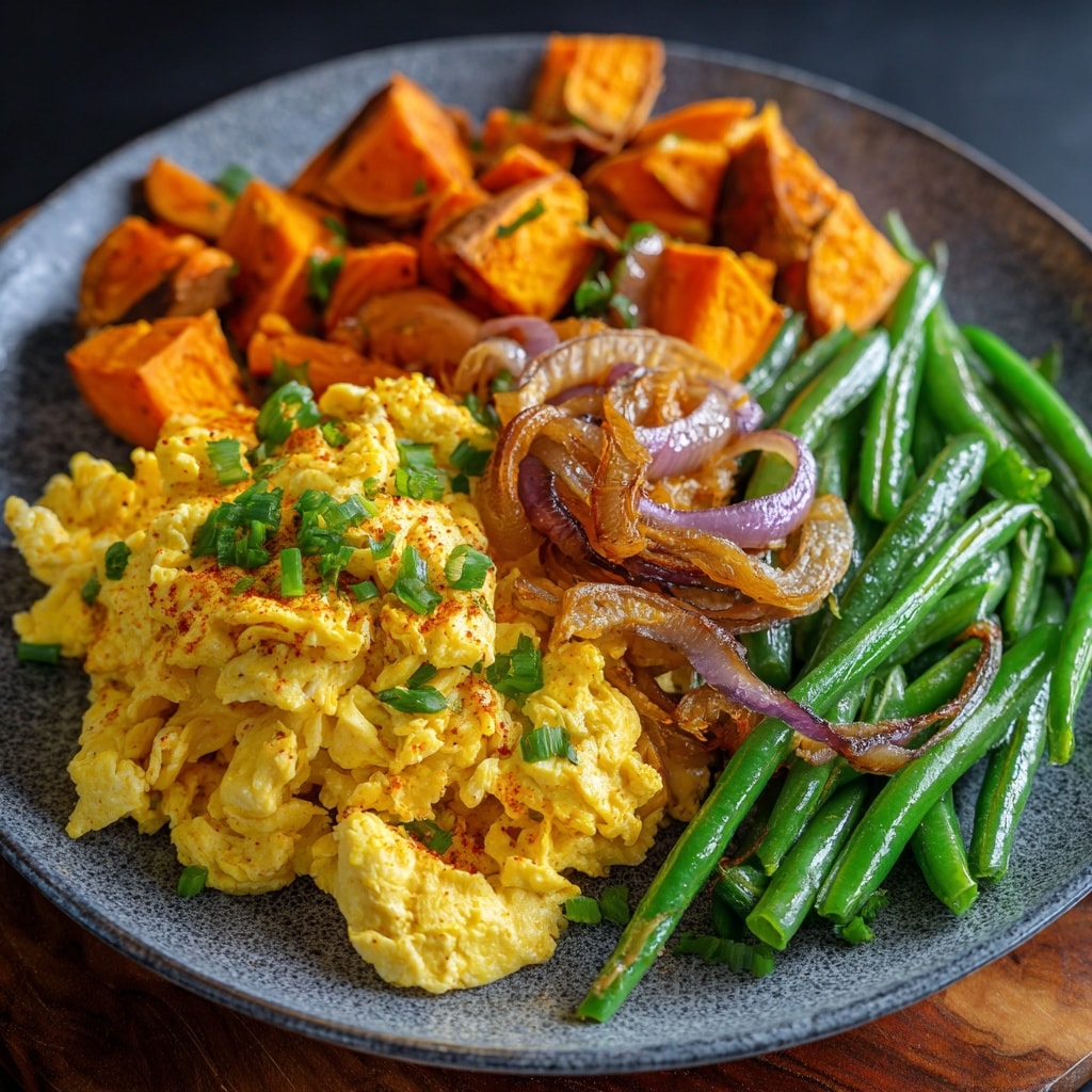 Plate of roasted vegetables including sweet potato, cauliflower, onions, and green beans