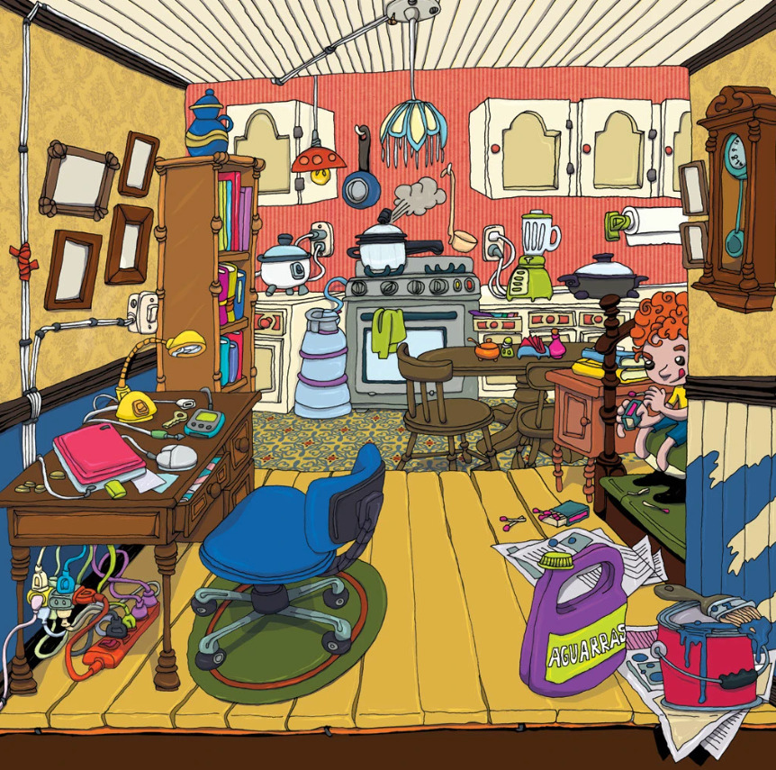 Colorful cartoon house interior with a kitchen, desk, stairs, and many scattered objects