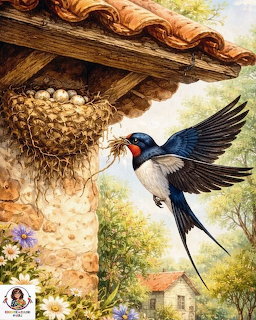 Barn swallow flying toward its mud nest with eggs under a wooden roof in a garden setting