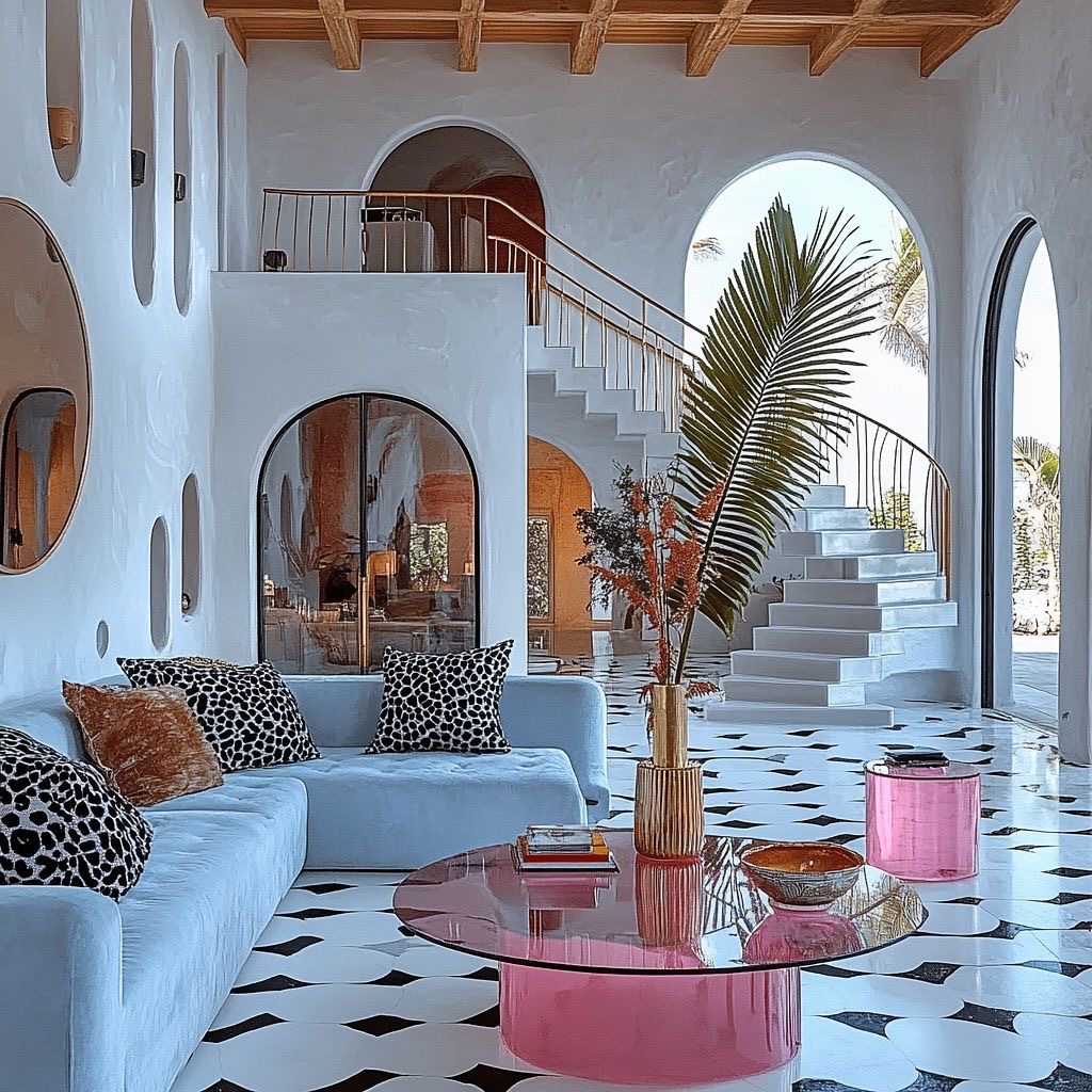 Bright modern interior with arched windows, staircase, blue sofas, and pink coffee table