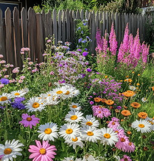 Colorful flower garden with daisies, pink and purple blooms against wooden fence