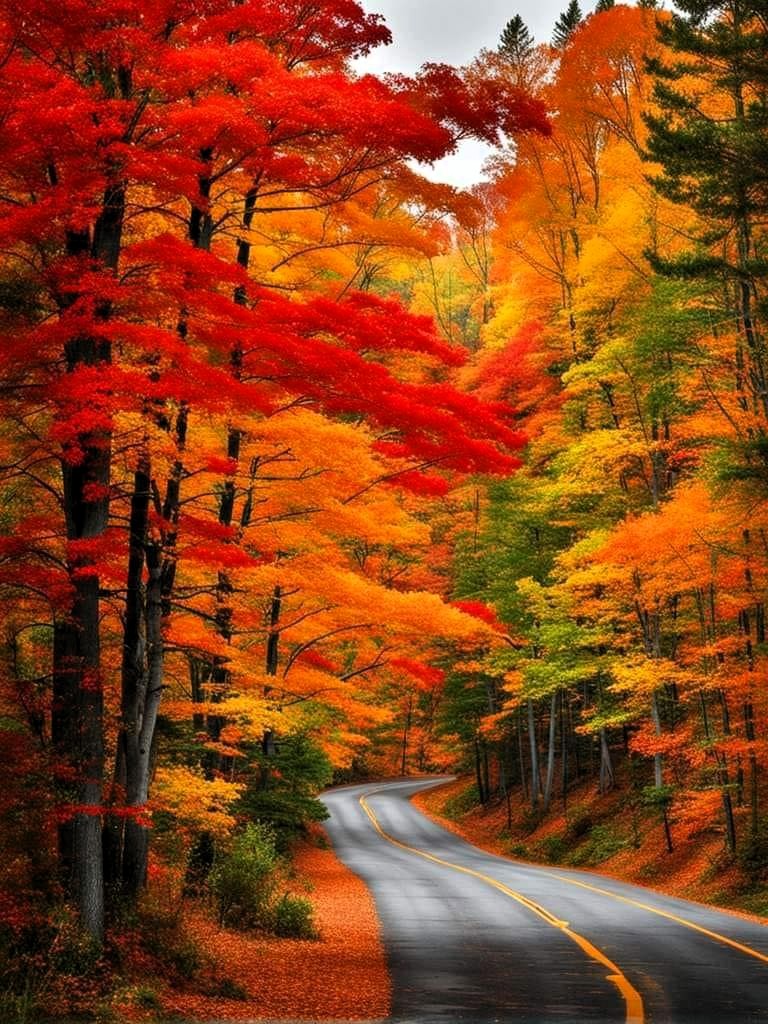 Winding road through a forest of brilliantly colored autumn trees in red, orange, and yellow