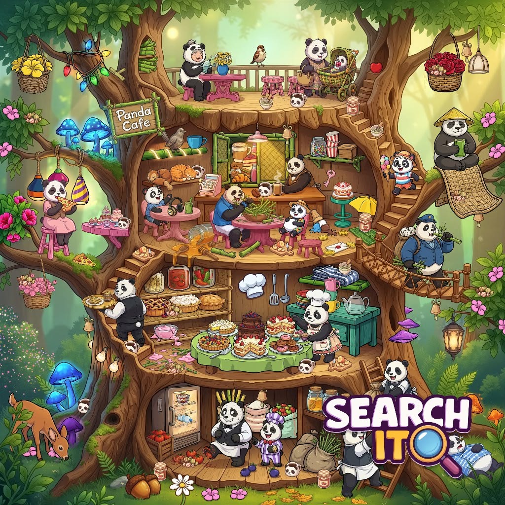 Cartoon pandas in a treehouse cafe serving cakes and tea in a colorful forest