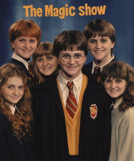 Five children in school uniforms posing together against a blue background