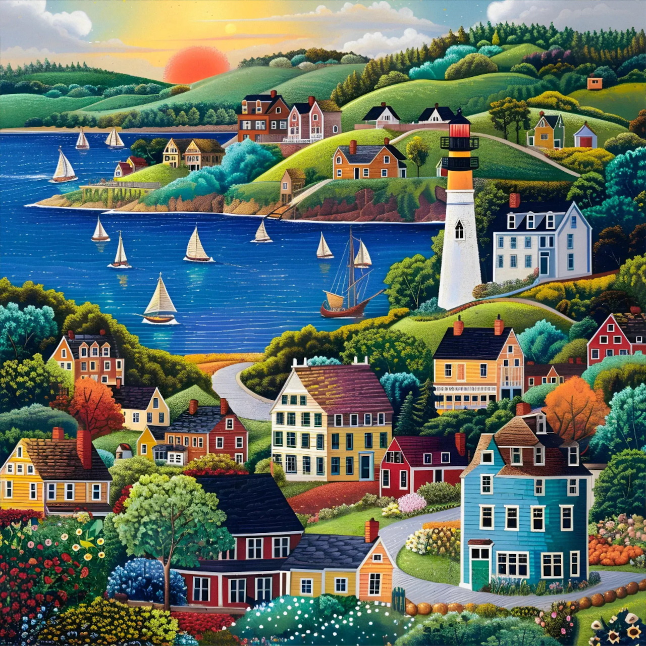 Coastal Village with Lighthouse