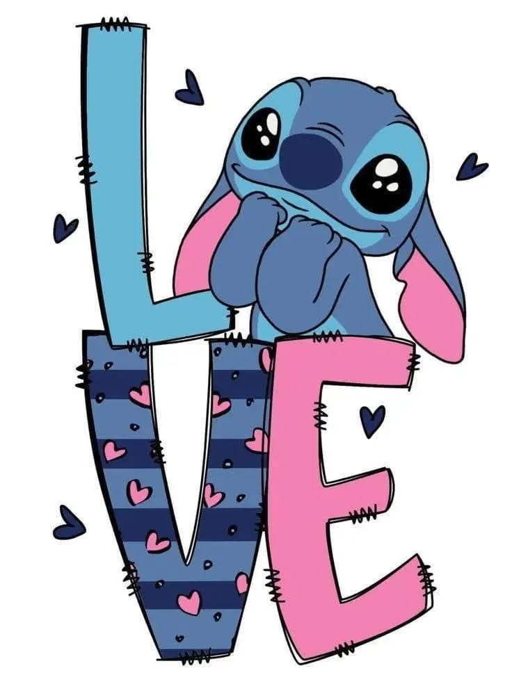 Stitch cartoon character sitting on the word LOVE in blue and pink letters with hearts