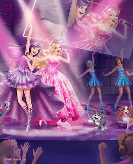 Animated Barbie characters performing on a pink and purple stage in glamorous dresses with pets nearby