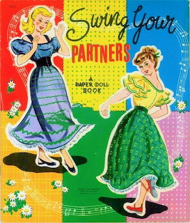 Vintage illustrated cover with two dancing paper doll women in colorful dresses