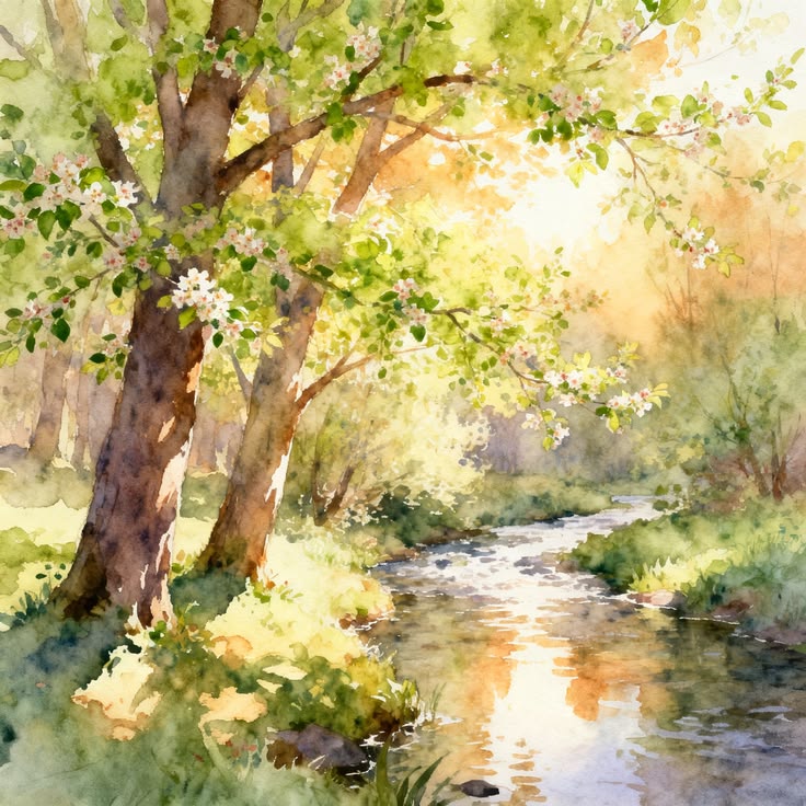 Watercolor painting of a flowering tree beside a peaceful stream in spring sunlight