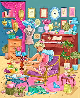 Woman sitting on pink chair painting, surrounded by plants, piano, and colorful home decor