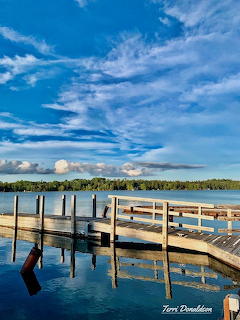 Wooden dock stretching into calm lake with blue sky and distant forest
