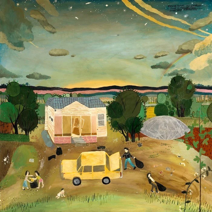 Naive style painting of house with children playing, yellow car, dog, and UFO in sky at sunset