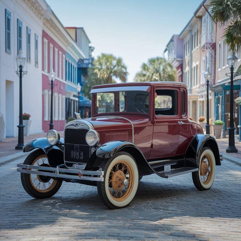 Burgundy Ford Model A coupe on cobblestone street with pastel buildings