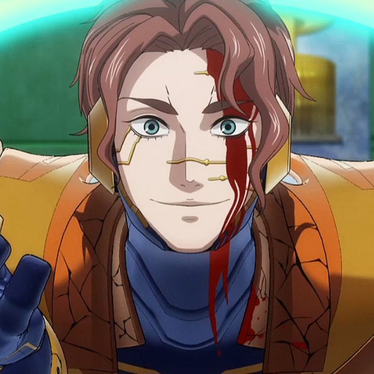 Close-up of an injured anime man with braided hair and blood on his face