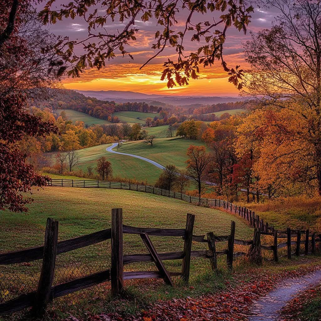 Sunset over rolling farmland with autumn trees and wooden fence in foreground