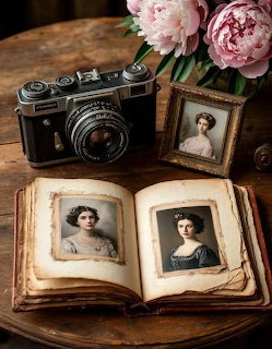 Vintage camera, open old photo album with portraits, small framed photo, and pink peonies on wooden table