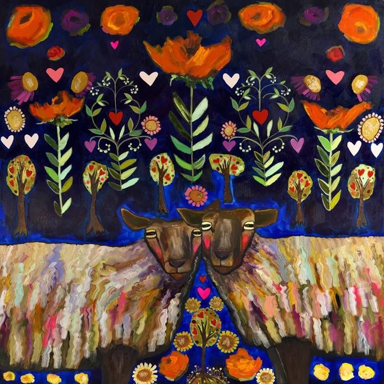 Folk art tree with colorful flowers, birds, hearts and symmetrical patterns on dark blue background