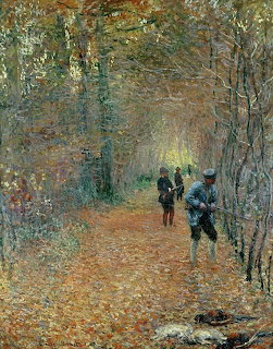 Impressionist painting of hunters on a forest path in autumn with golden foliage by Claude Monet