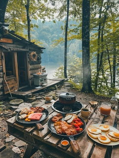 Breakfast table with food and coffee by a lake with forest and cabin in background