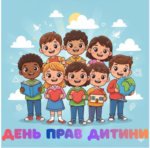 Cartoon group of six smiling children holding a book, hearts, a house, and a globe under a blue sky