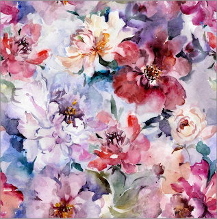 Watercolor painting of pink, purple, and white flowers with soft brushstrokes and pastel colors