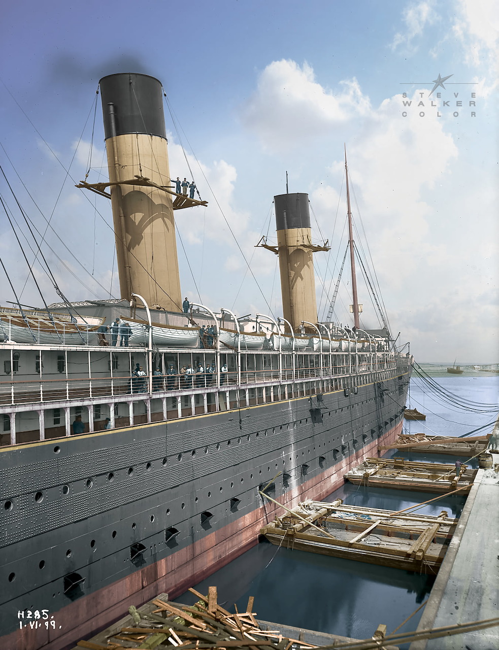Colorized painting of RMS Oceanic steamship in dry dock with two tall funnels and dark hull