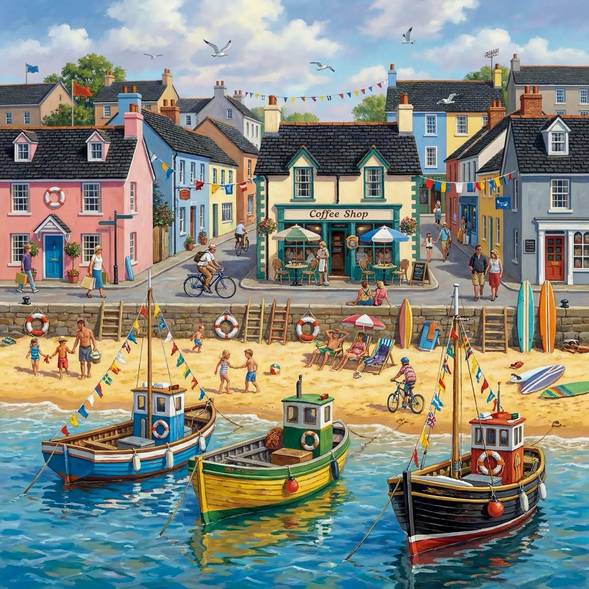 Coastal Village Harbor Scene