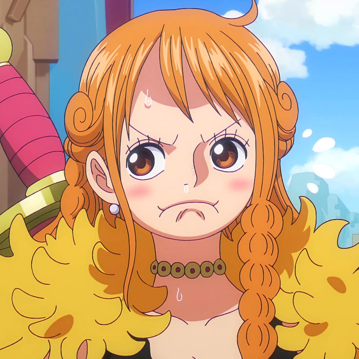 Anime girl with orange hair and large eyes wearing yellow fur collar, determined facial expression