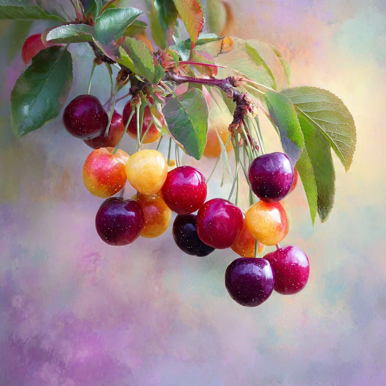 Cluster of red and yellow cherries hanging from a leafy branch against a blurred pastel background