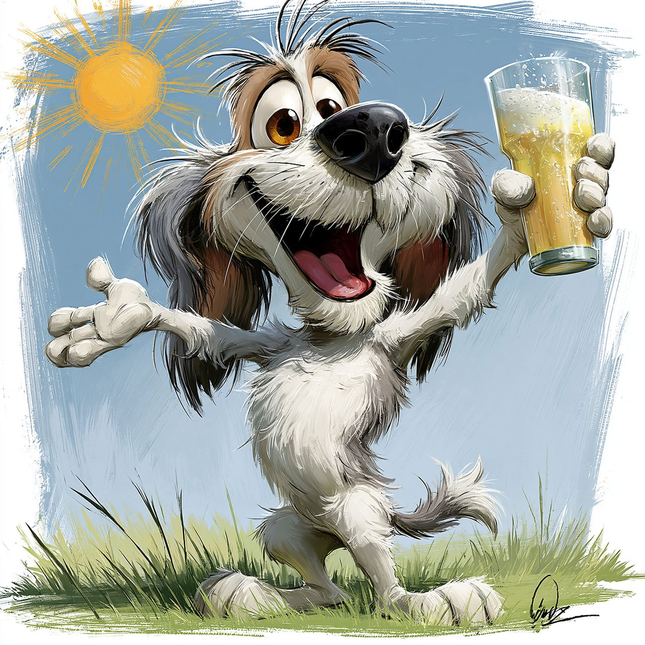 Cartoon dog holding beer glass outdoors on sunny day