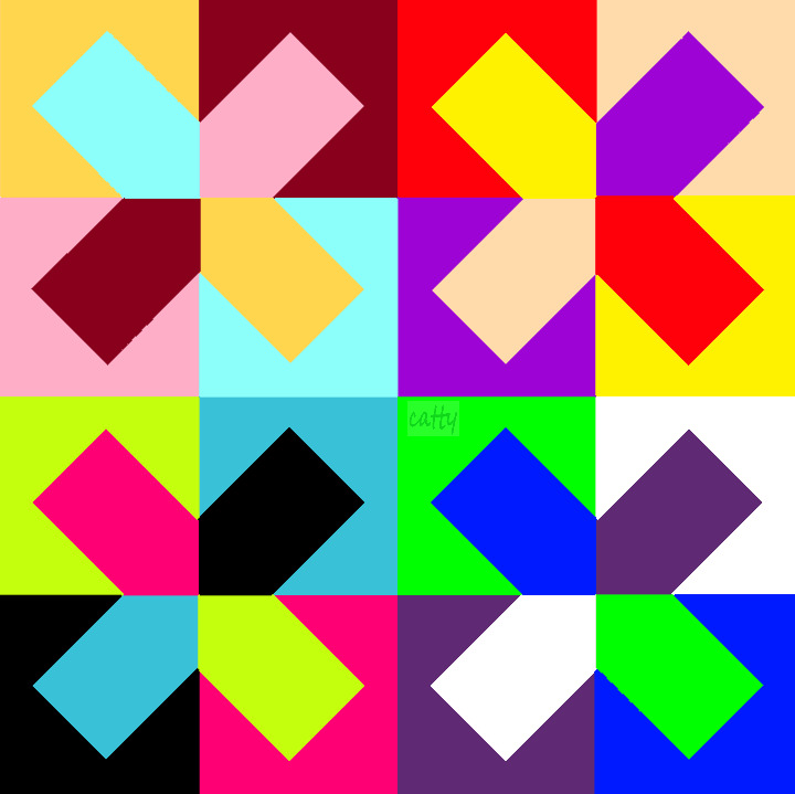 Grid of colorful squares with overlapping diamond shapes in various bright colors
