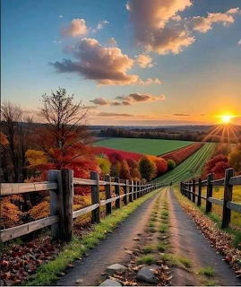 Country dirt road with wooden fence leading toward sunset over autumn-colored trees and farmland