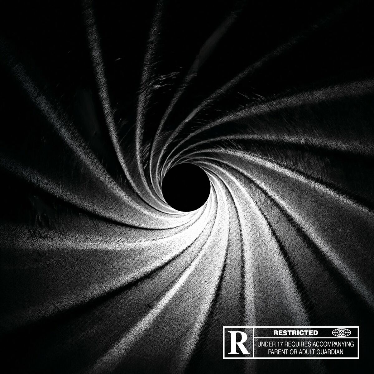 Black and white abstract spiral forming a tunnel toward a dark center