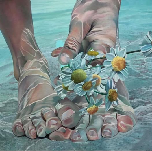 Painted close-up of bare feet in shallow water with a hand holding white daisies