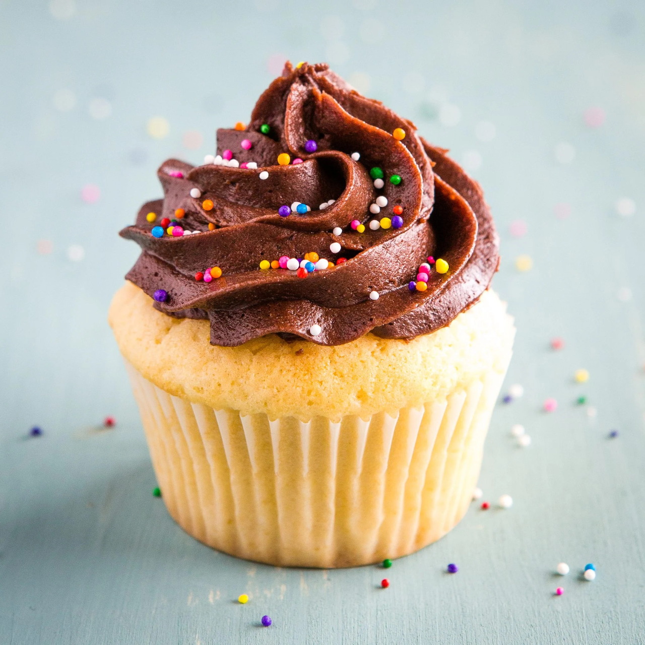 Vanilla cupcake with chocolate frosting and rainbow sprinkles