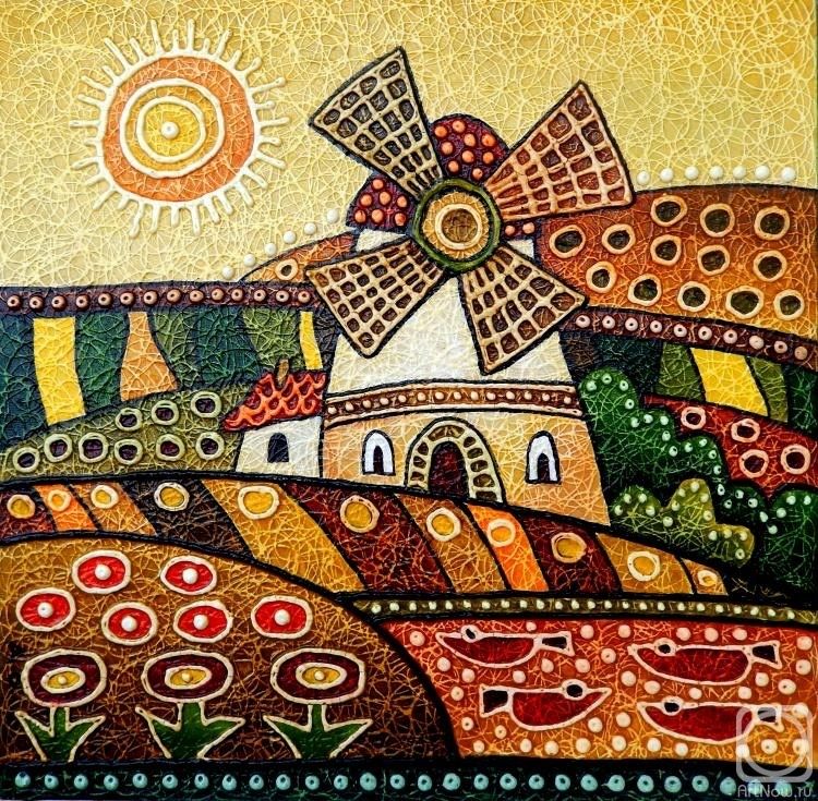 Folk art windmill with decorative patterns in warm earth tones and geometric shapes