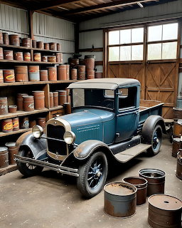 Blue vintage pickup truck in rustic warehouse with wooden barrels and shelves