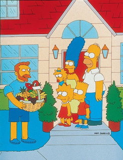 Cartoon illustration of the Simpson family of five standing on front porch steps with red roof and evergreens