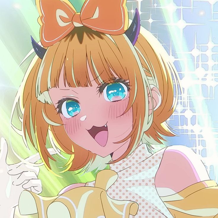 Cheerful anime girl with blonde hair, blue eyes, and a large orange bow on a sparkly pastel background
