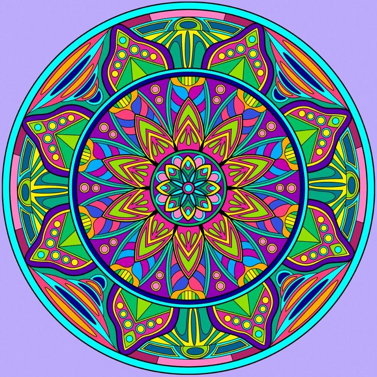 Colorful mandala with intricate geometric patterns and symmetrical design in rainbow colors on purple background