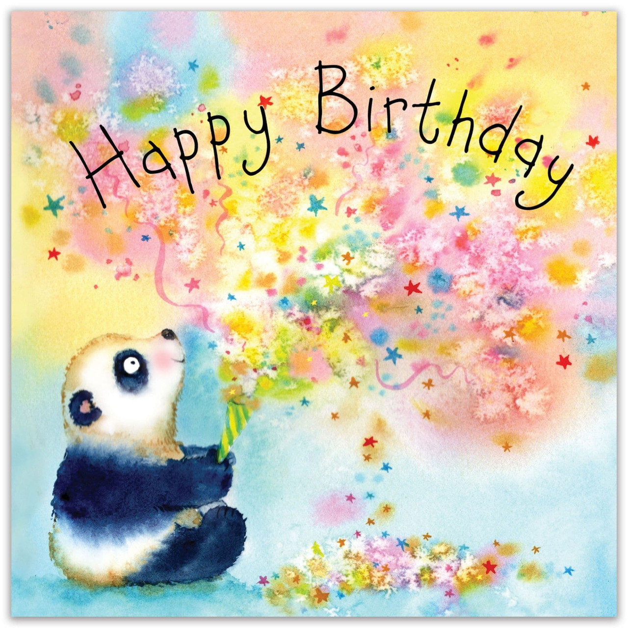 Cute illustrated panda holding flowers with colorful Happy Birthday text on a pastel background
