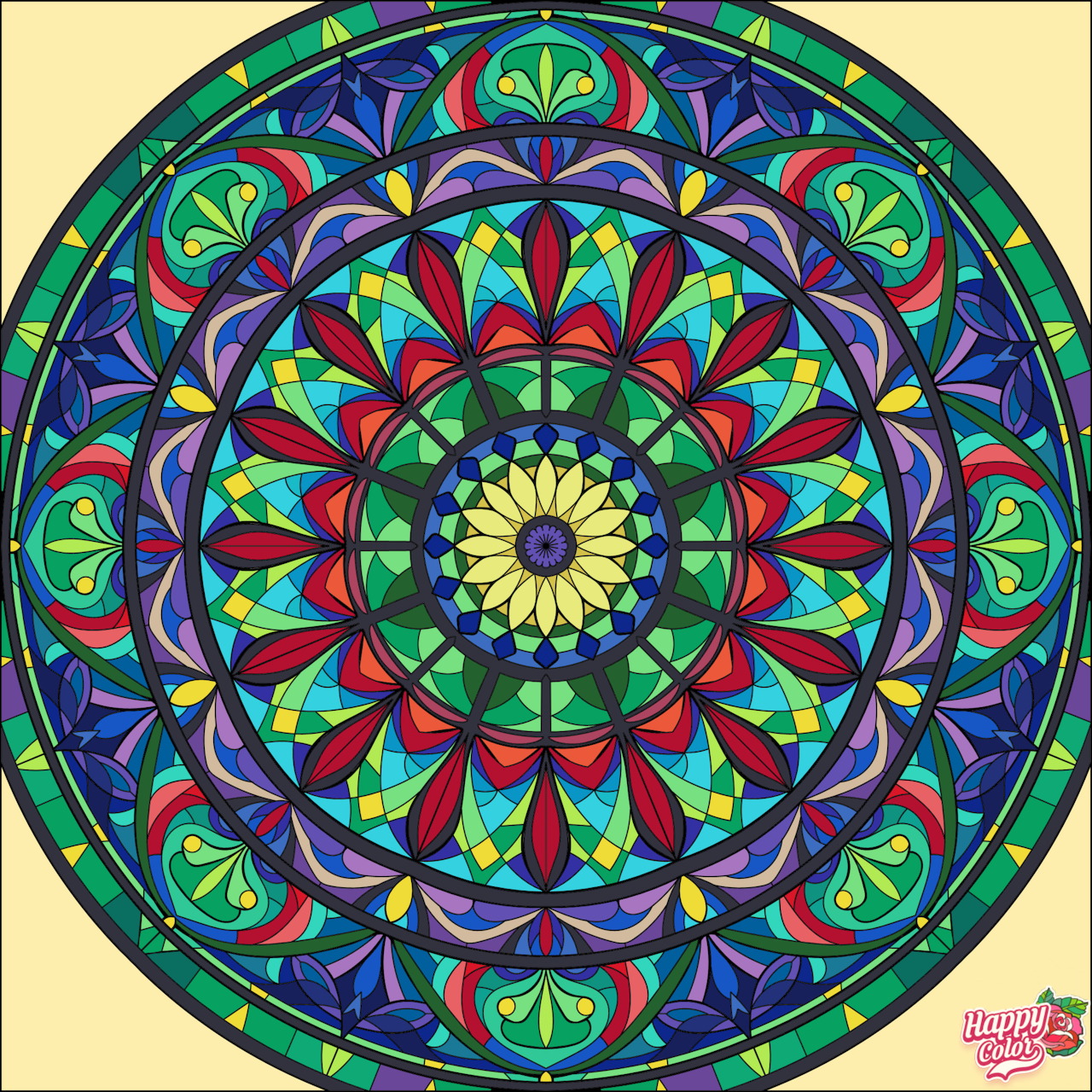 Vibrant circular mandala with symmetrical geometric patterns in blue, green, red, and yellow on beige background