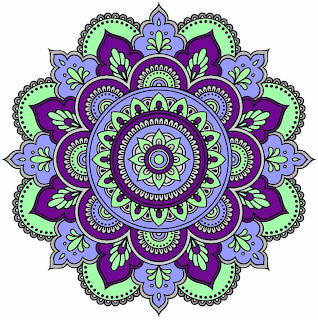 Detailed purple, green, and blue mandala design on a white background