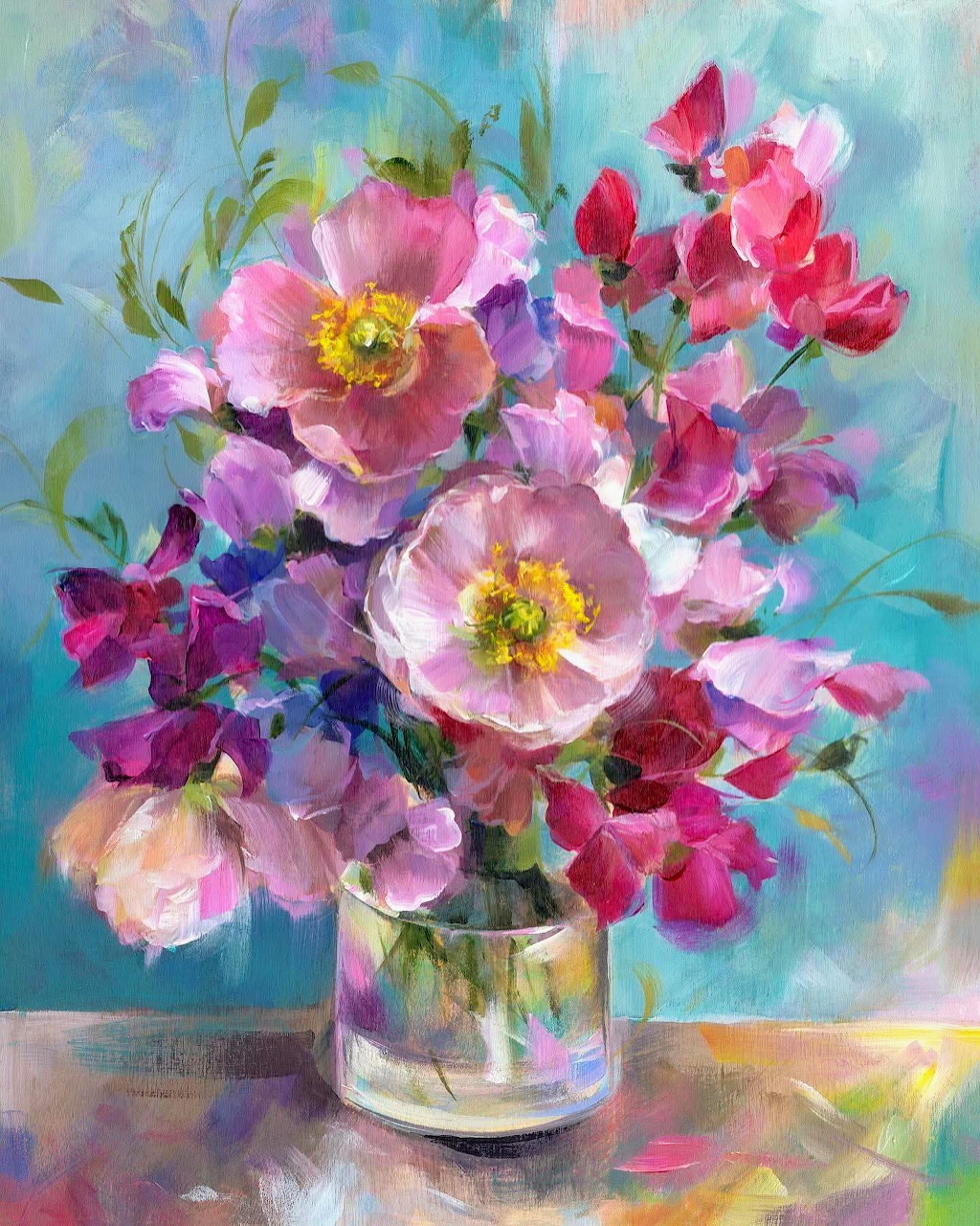 Painting of pink and purple flowers in a glass vase against a turquoise background