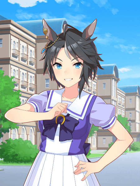 Anime character Fuji Kiseki from Umamusume with horse ears in purple and white uniform, smiling outdoors