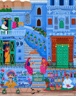 Colorful folk art painting of Jodhpur's blue buildings with people, stairs, green door, puppets, and a cat