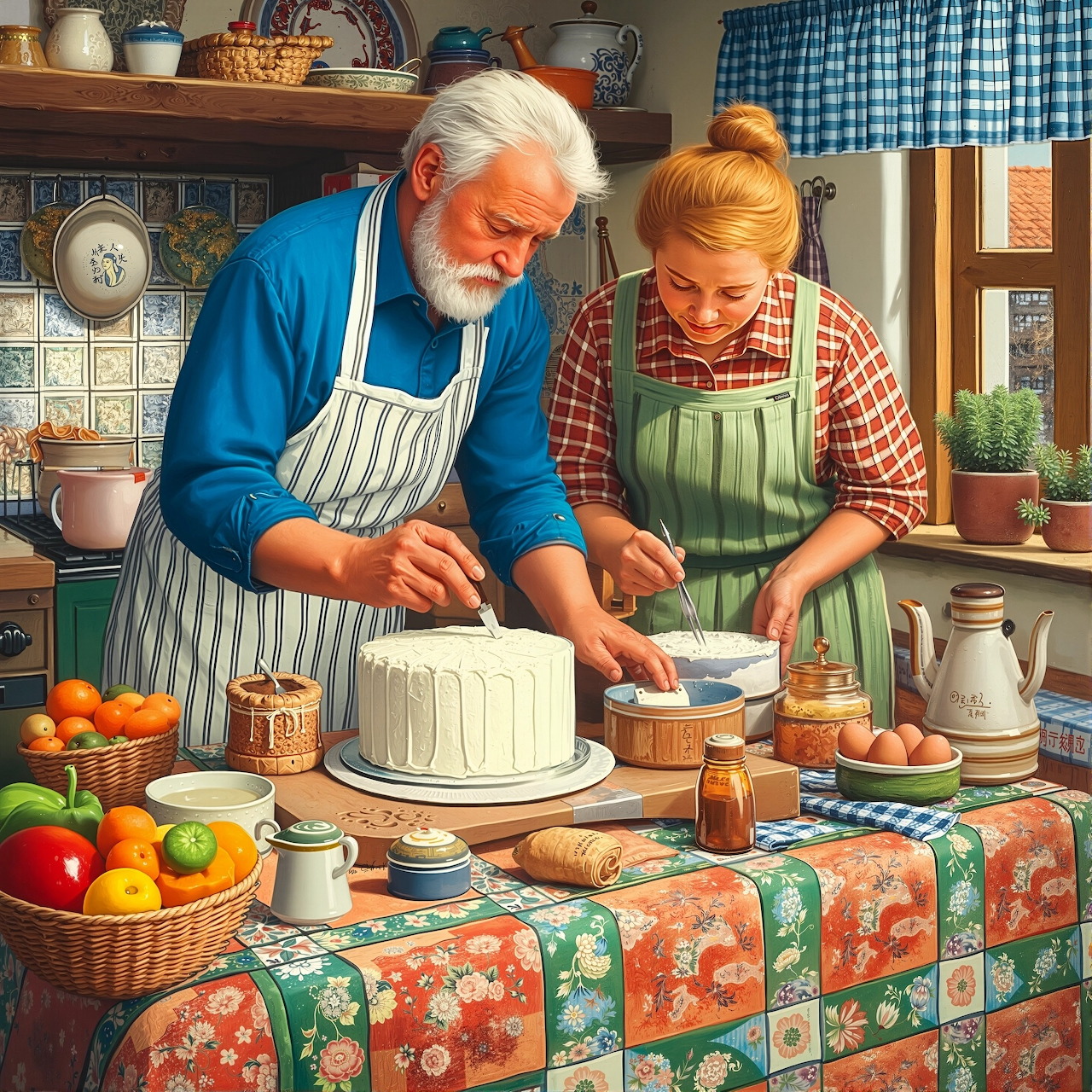 Elderly man and woman in aprons decorating white cake at kitchen table with patchwork tablecloth