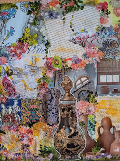 Colorful mixed media collage with flowers, vintage images, text, and ornamental details arranged in layered composition